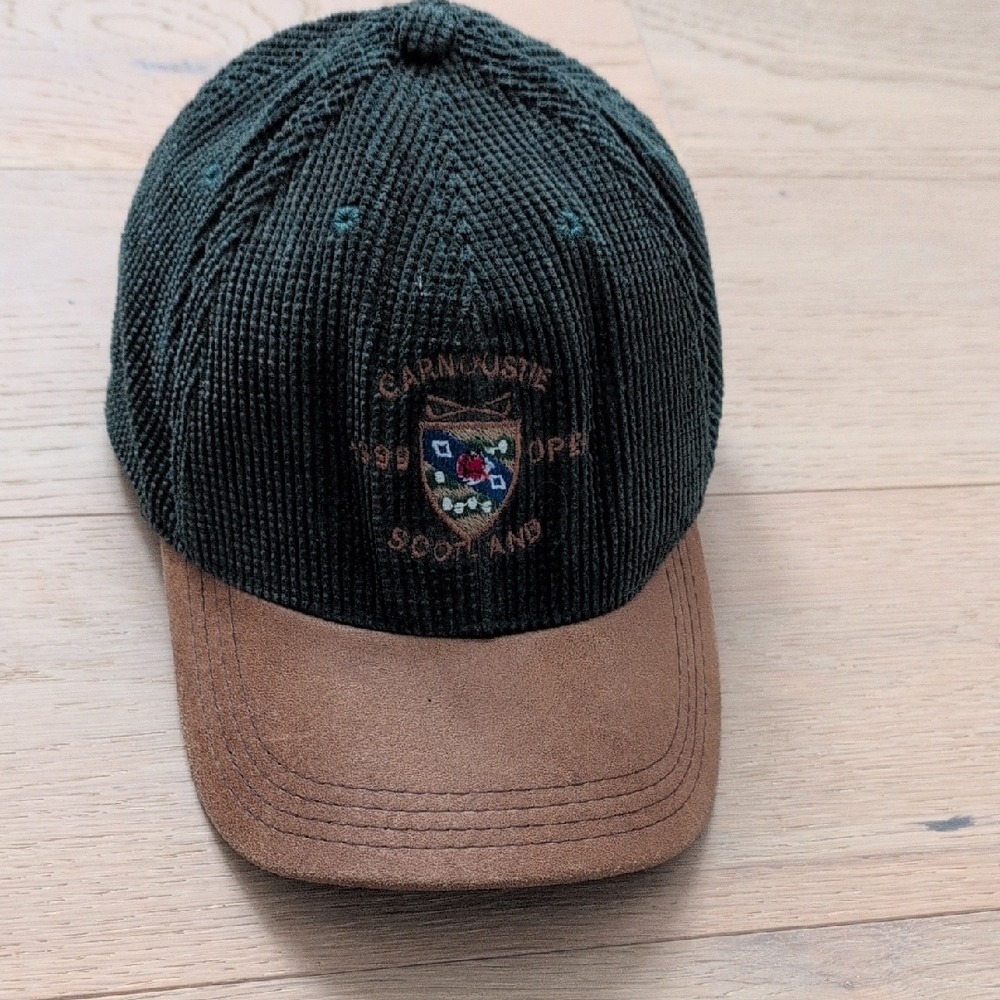 Vintage Green and Brown Carnoustie Golf Cap Scotland .Cordory With Leather Strap